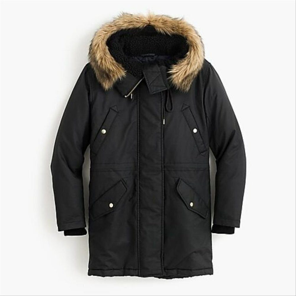 J. Crew Black Parka with Faux Fur Trim